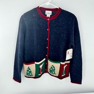 Vintage Cardigan Navy Blue Red Christmas Sweater Button Front Pockets Sz PS‎ New